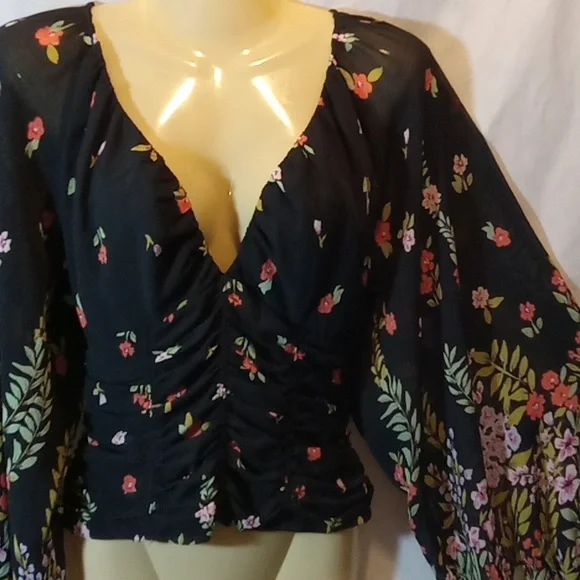 Free People Womens Small Top Final Rose Black Floral Blouse Sheer Balloon Sleeve - Picture 3 of 10